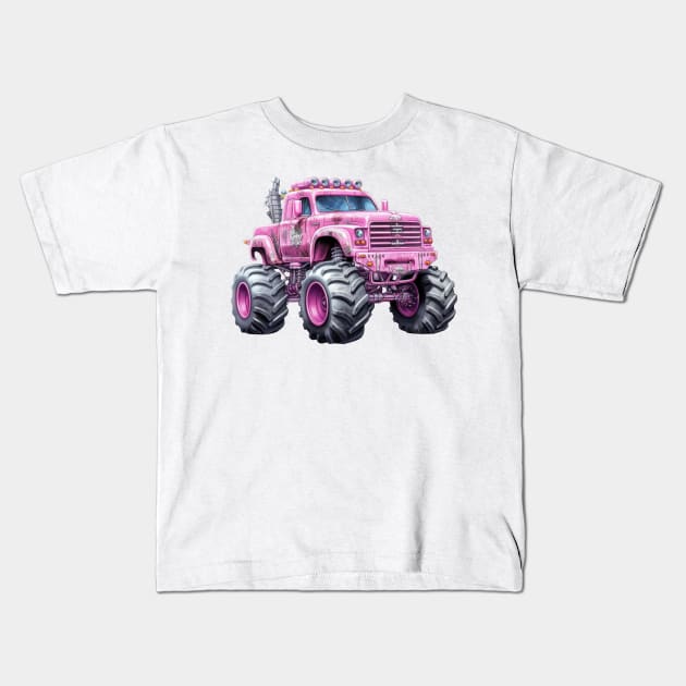 Pink Monster Truck Kids T-Shirt by Chromatic Fusion Studio